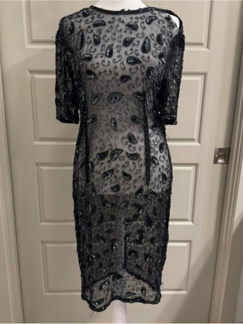 Black Beaded Sheer Paisley Cocktail Dress